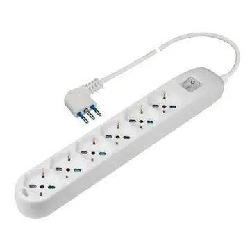 Poly Pool Presa sestupla pluristandard:italiano bivalente 10/16A 2P+T, tedesco 16A 2P+T (terra laterale), con interruttore luminoso, 1,5m cavo H05VV-F 3X1mmq con spina 16A 2P+T, uscita cavo  , 109090