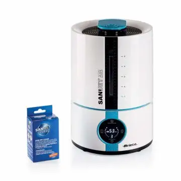 Ariete 2836 Sani-Jet Air, Umidificatore a ultrasuoni con funzione igienizzante, 30 Watt, Capacità Serbatoio 5L, 3 livelli di intensità, Display LED, Bianco/azzurro , 138679